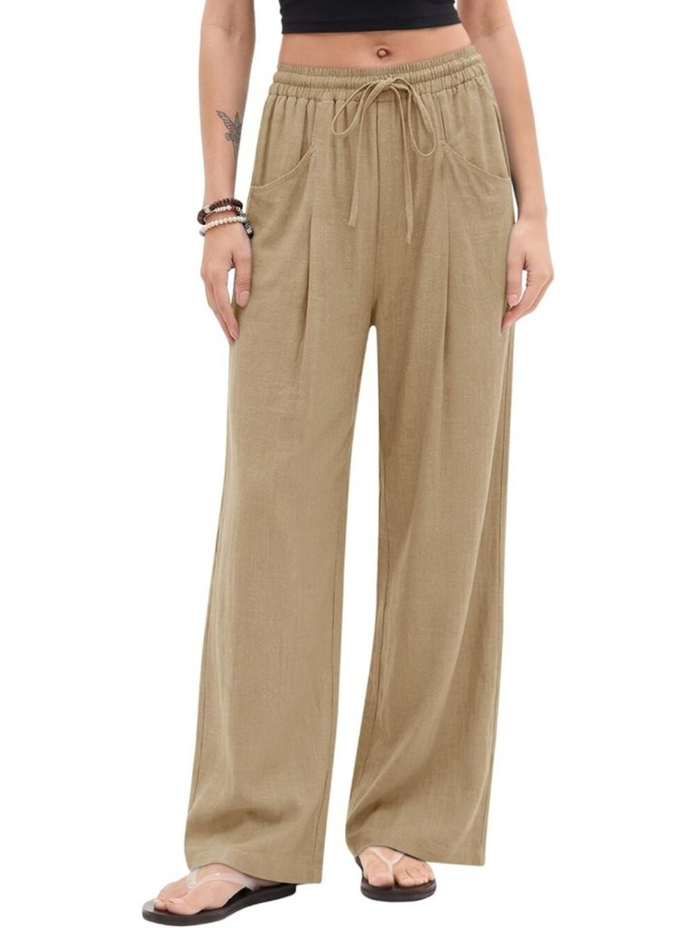 Chic Women's Wide Leg Linen Palazzo Pants, High Waisted with Pockets - Perfect